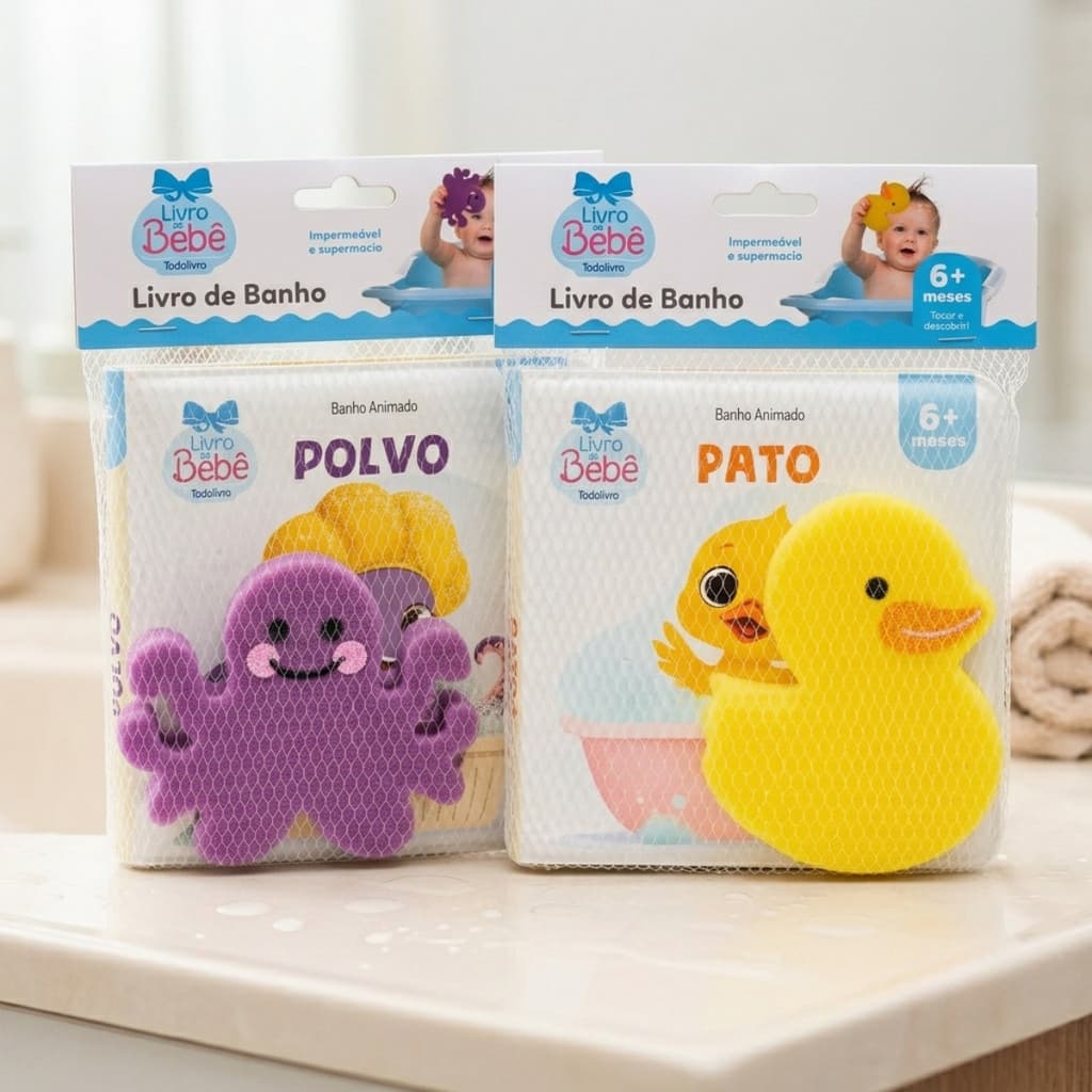 Kit 2 Livro de Banho Bebê Com Esponja Animais Caixa Alta 6+ Meses Recém Nascido Infantil