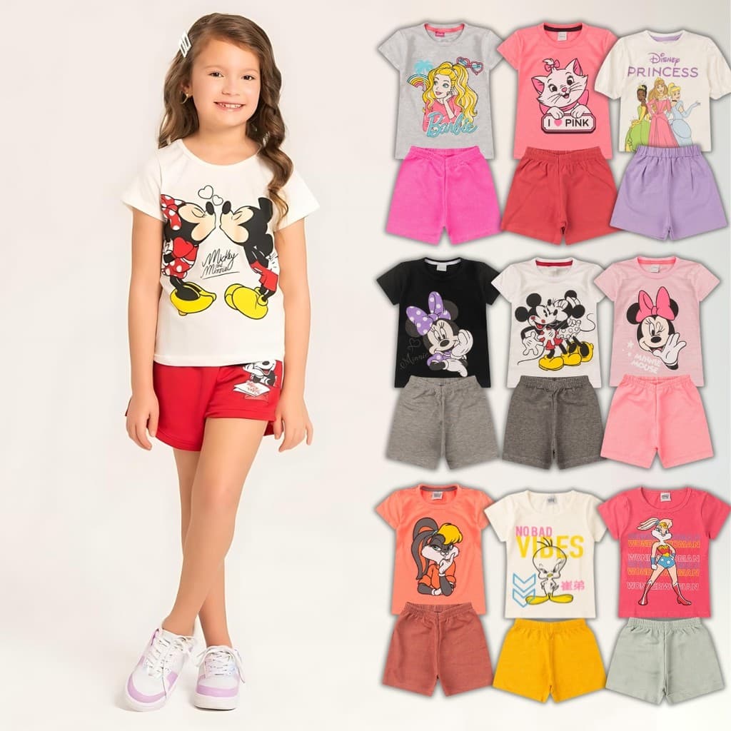 Kit 6 Peças de Roupas Menina Infantil Personagens Verão - Conjunto Feminino Calor 3 Camisetas + 3 Bermudas Barbie Minnie