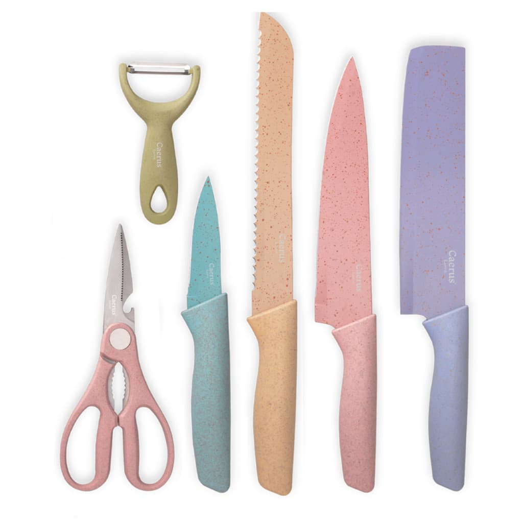 CONJUNTO DE FACA DE COZINHA COM CORTADOR / DESCASCADOR + TESOURA E CUTELO INOX 6 PECAS