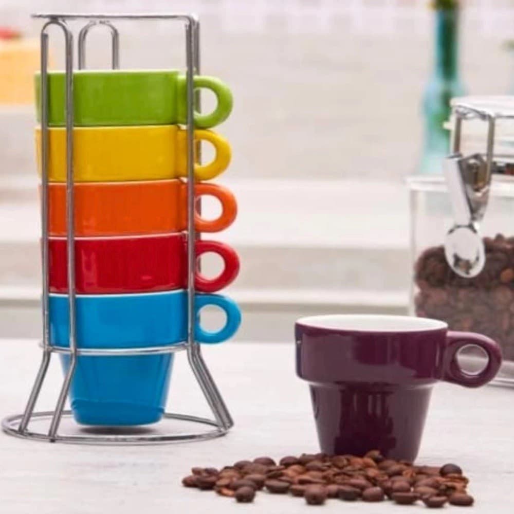 Jogo De Canecas 50ml Cerâmica 6 Peças Suporte Inox Café Chá
