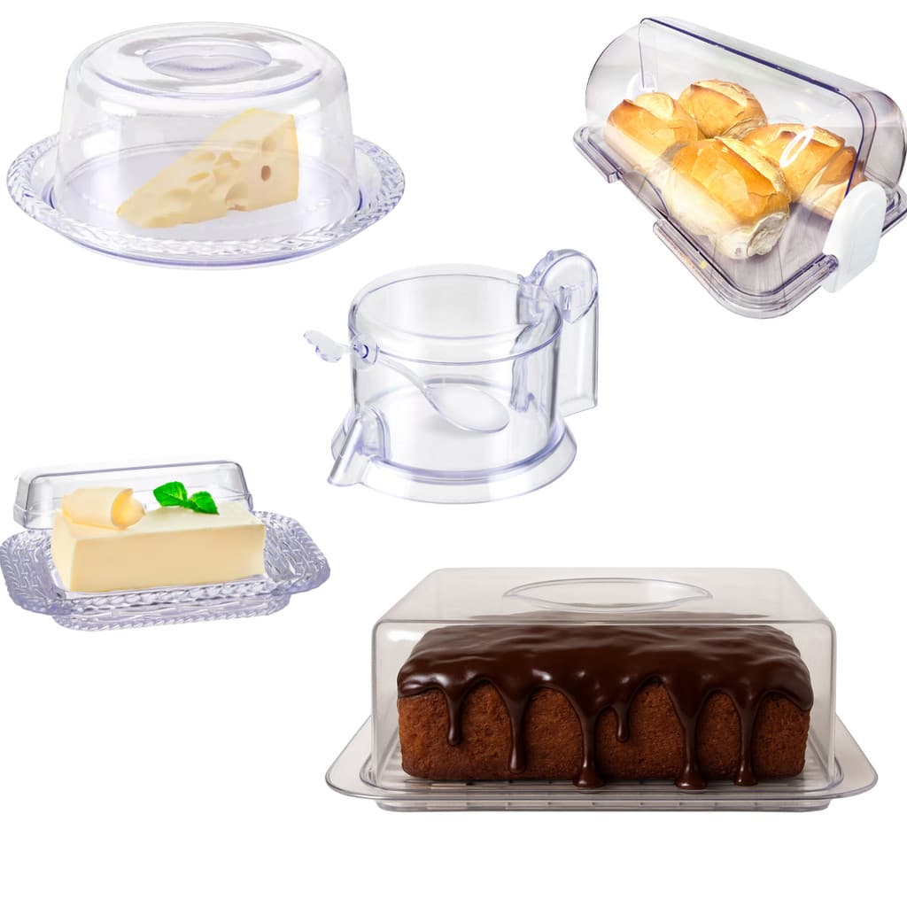 KIT PORTA BOLO PAO MANTEIGUEIRA ACUCAREIRO E QUEIJO CRISTAL