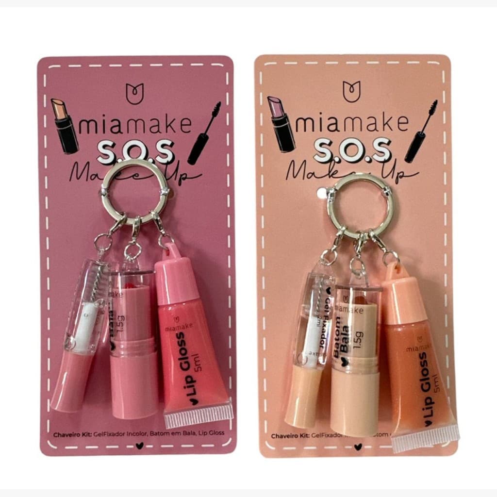 KIT CHAVEIRO 3 EM 1 BATOM BALA -LIP GLOSS E GEL FIXADOR MIA MAKE GRUPO ROSA