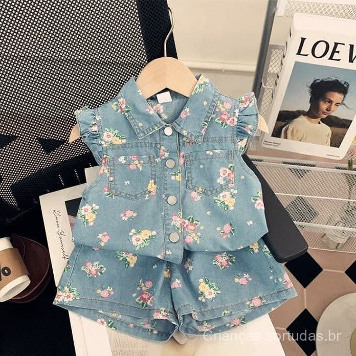 Conjunto de Verão para Meninas em Jeans Estampado, Top de Botão Único + Shorts Conjunto de Duas Peças