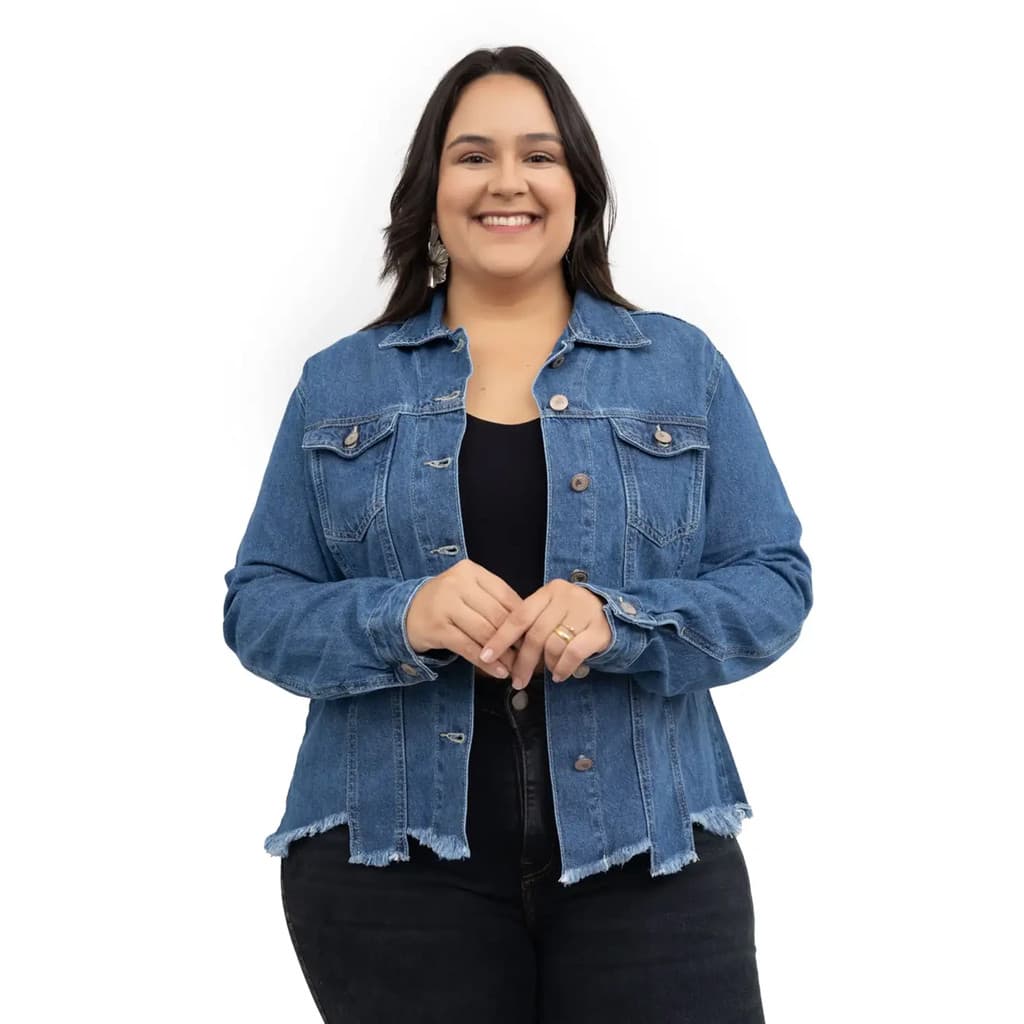 JAQUETA FEM PLUS SIZE BARRA DESIGUAL DESFIADA CAMBOS JEANS