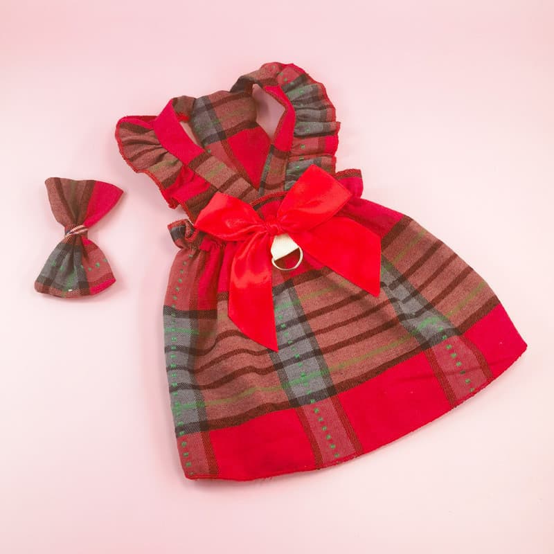 Vestido de Natal para Cães com Mangas Franzidas Roupas Xadrez Shih Tzu Teddy Gato Pet Fofo SQ06
