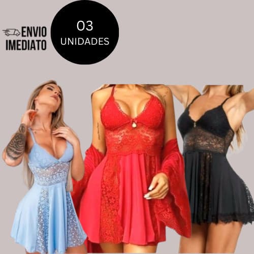 Kit 03 Camisola Sensual Bonita Rendada Em Microfibra Cruzada Nas Costas