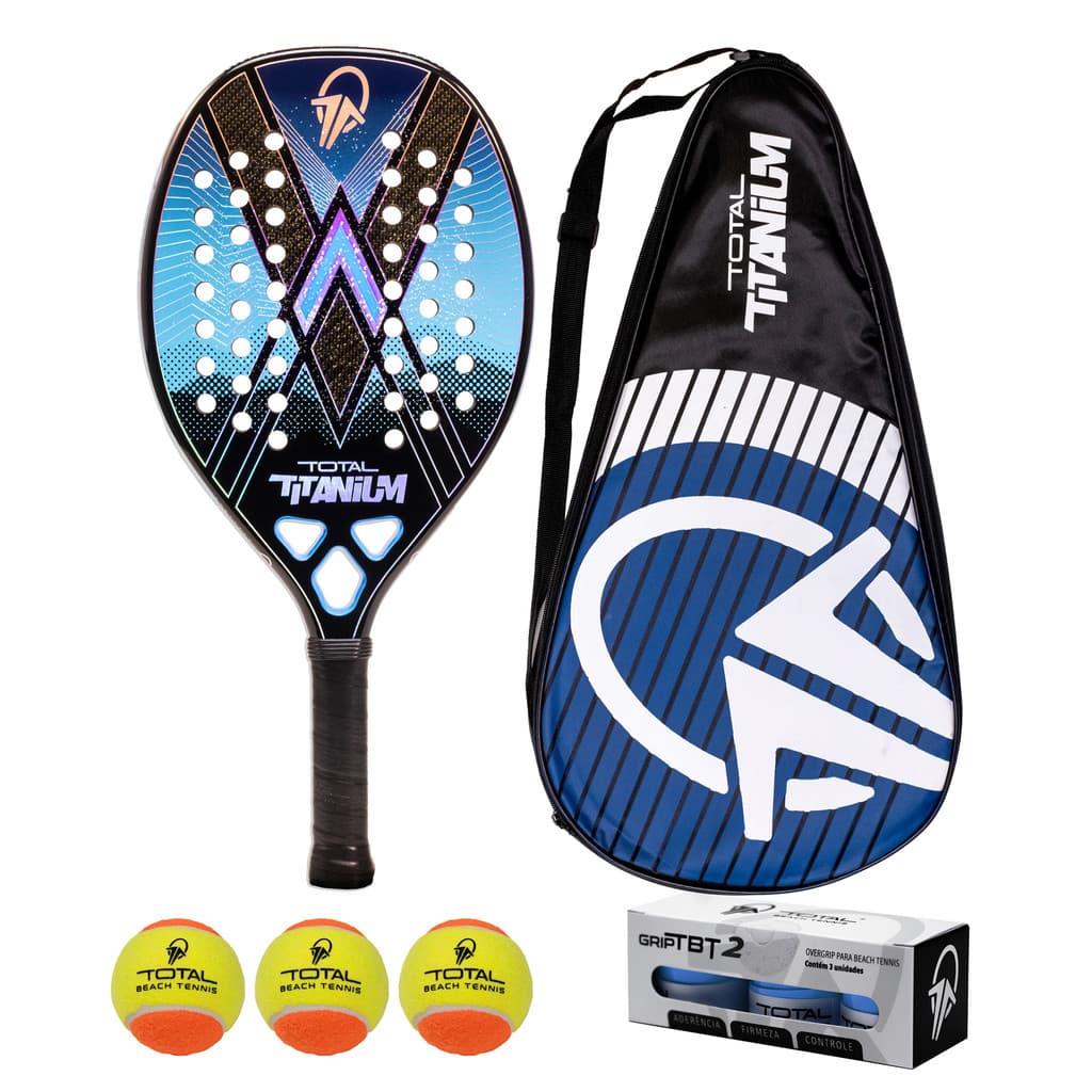 Kit Raquete Beach Tennis Total Titanium Carbono 3k 2025 + 3 Bolas + 3 Grips + Fita + Capa