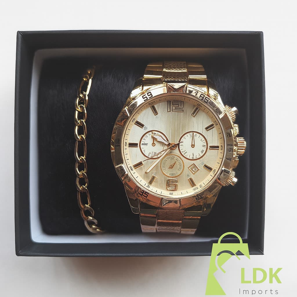 Kit Relógio Masculino Aço Inoxidável + Pulseira Grossa de Aço Inoxidável