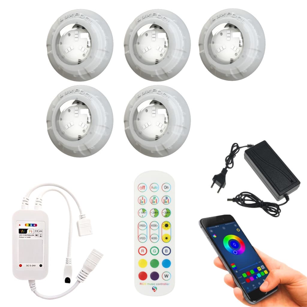 Kit 5 Luzes LED RGB Para Piscina LuxPool 6W À Prova D'Água Com Fonte