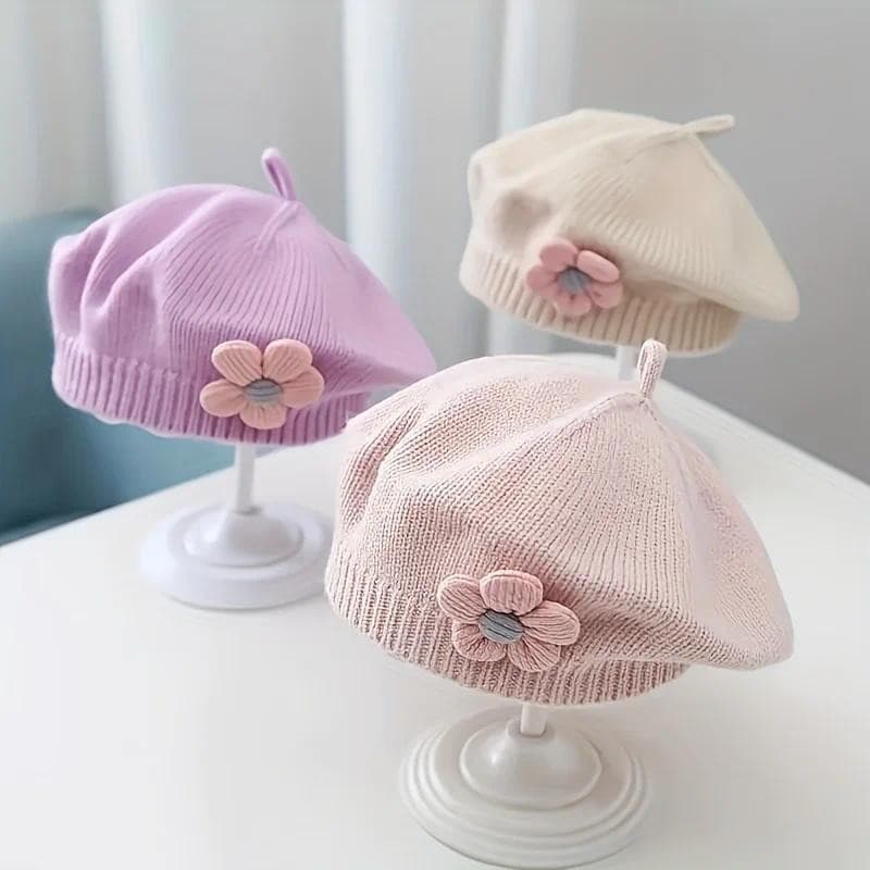 Flor Bebê Boina Chapéu Inverno Quente Malha Gorro Para Meninas Infantis Criança Princesa Artista Cor Sólida Pintor Bonés