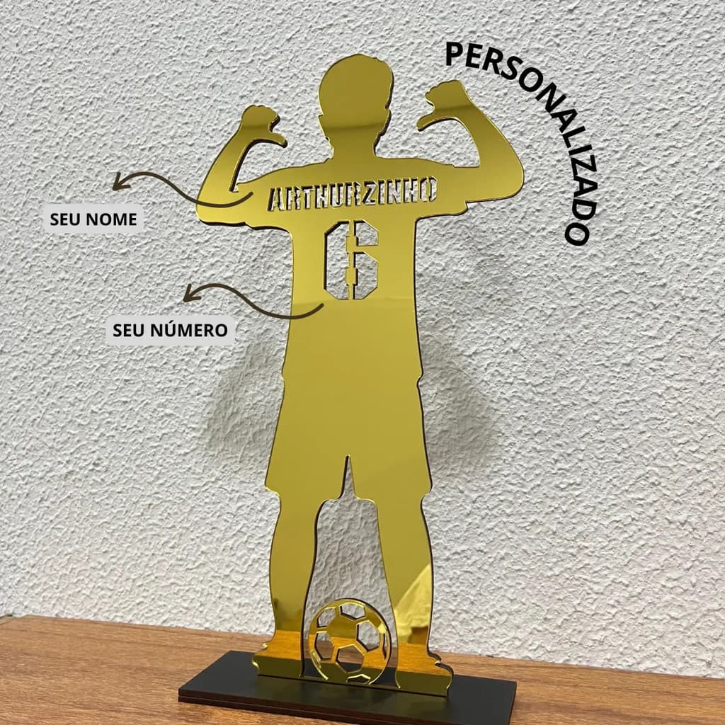 Quadro Placa Decoração Quarto Menino Futebol Acrílico Nome Cor Dourado Armação Preto