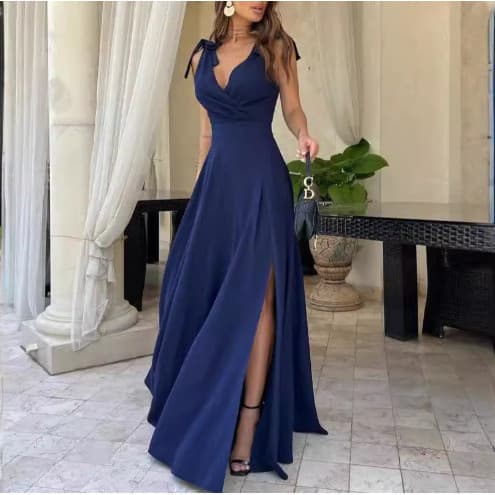 Vestido de Festa Feminino Europeu e Americano Novo de Verão 2024 com Decote em V e Cor Sólida 561 AECY LYXB
