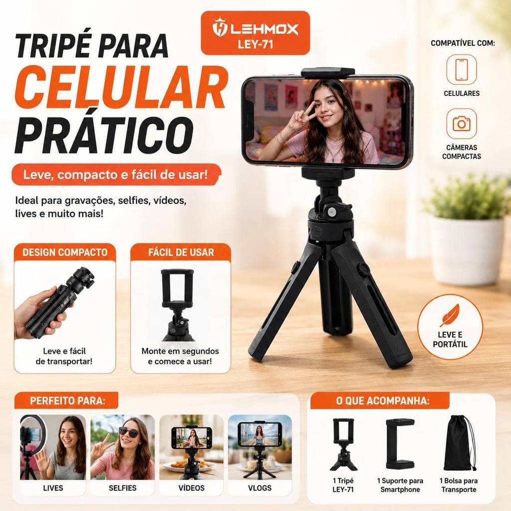 Tripé Profissional LEHMOX LEY-71 Para Celular e Câmera Ajustável 360° Com Suporte e Bolsa