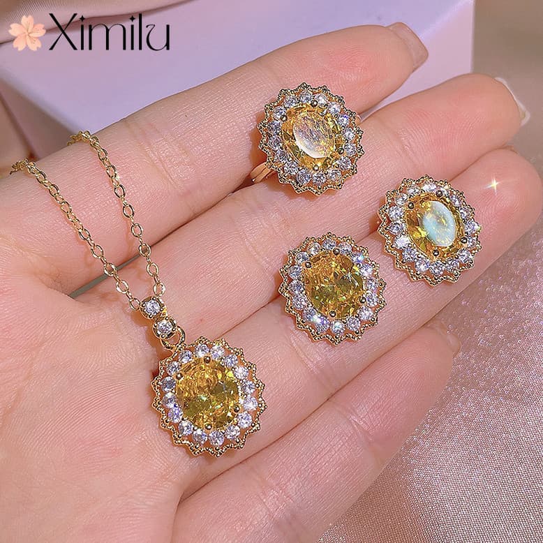 ♥ Luxo original amarelo diamante conjunto de jóias Design original anel citrino pingente brincos de prata elegante colar