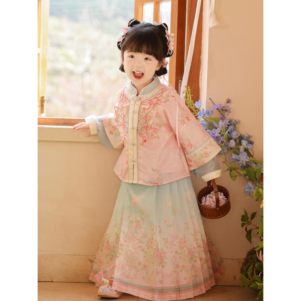 Hanfu meninas 2026 novo estilo roupas de primavera crianças estilo nacional Ming feito rosto de cavalo saia terno menina