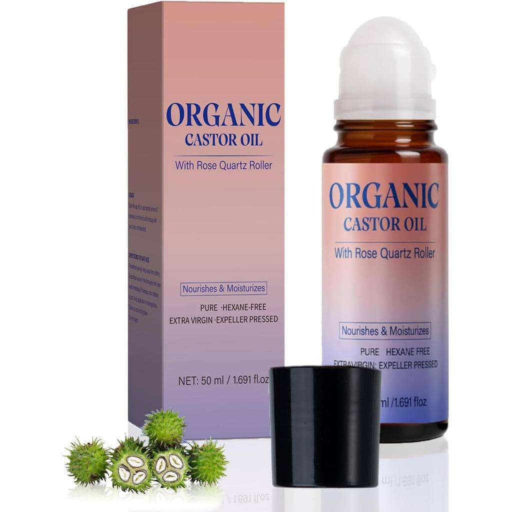 Óleo de Rícino Orgânico com Aplicador de Quartzo Rosa, Óleo de Rícino Orgânico Roll-On, Hidratação Profunda, Hidratação