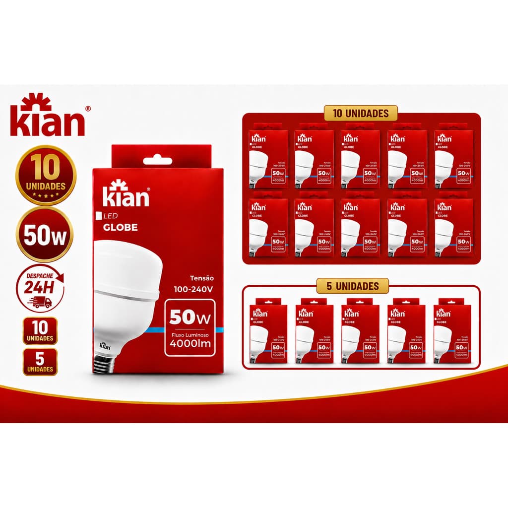 Kit 10 / 5 Lampadas Led 50w Alta Potencia Bivolt 6500k Branco Frio Kian Iluminação Galpão Super Bulbo Grande Forte