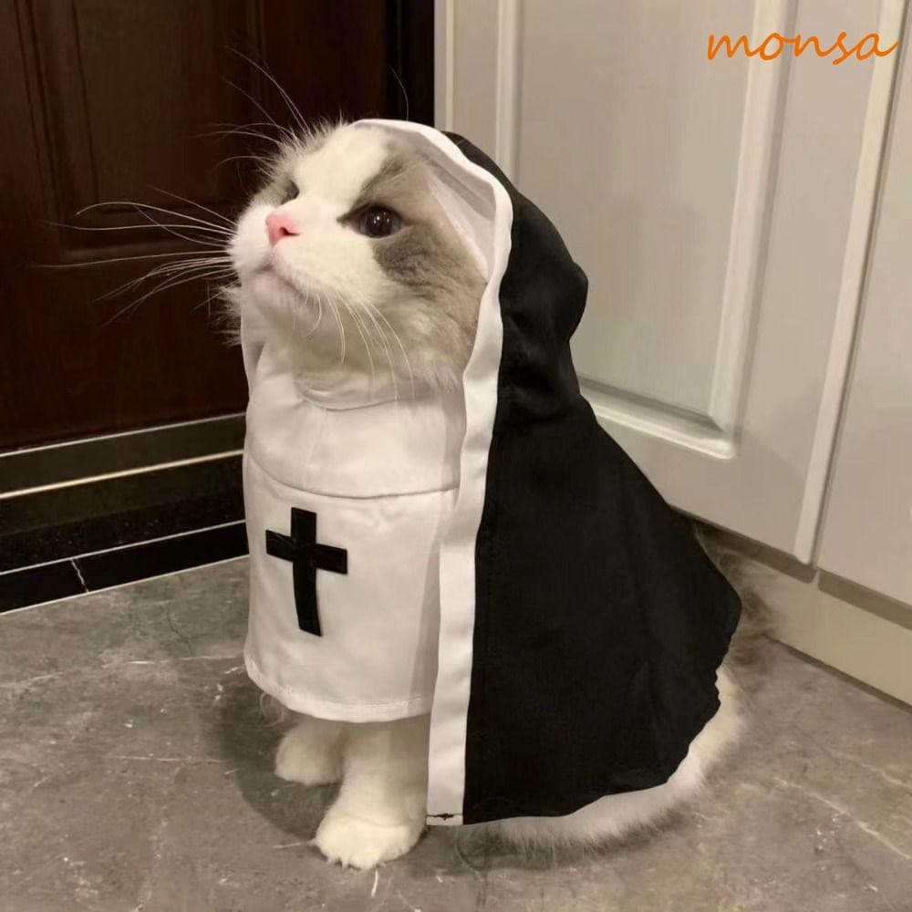 MONSA Pet Freira Manto , Role Play Gato Filhote De Cachorro Trajes De Halloween , Macio Preto/Branco Cosplay Conjuntos T