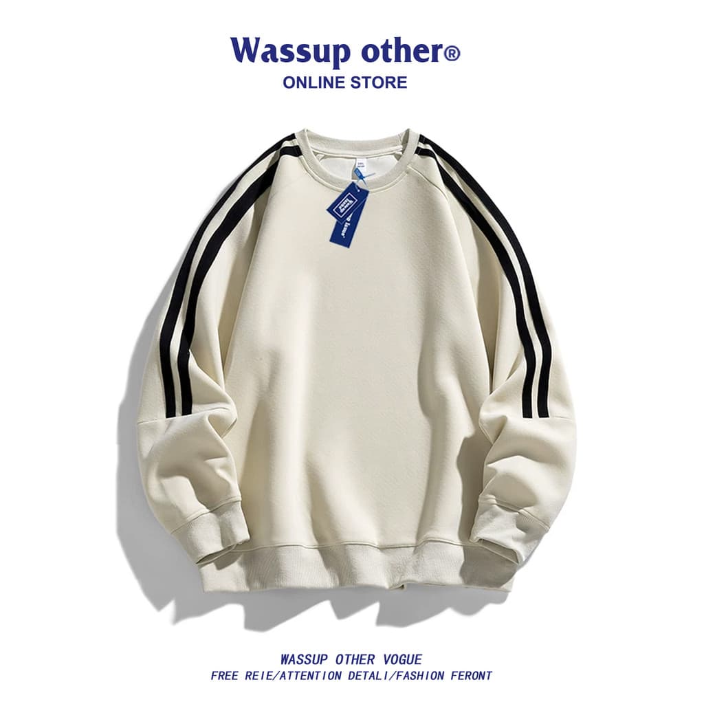 WASSUP OUTRO Moletom Listrado Masculino Estilo Americano Pesado Casual Manga Comprida Primavera Outono Estilo Masculino