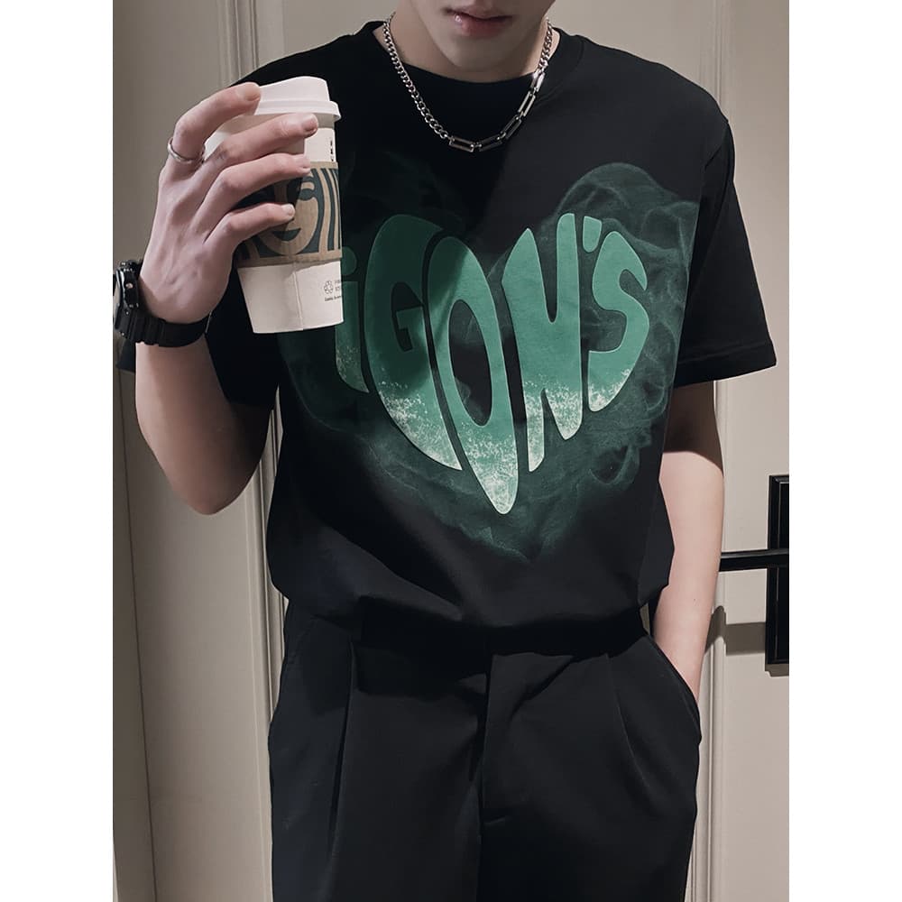 Camiseta de algodão puro masculina de manga curta verão Street Wear rufião bonito amor impressão meia manga camiseta ver