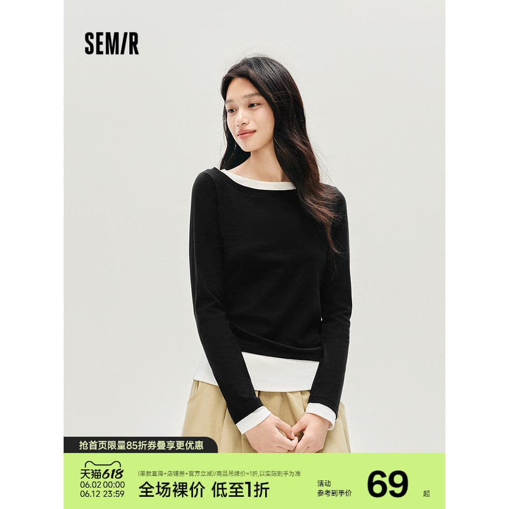 Senma camiseta de manga comprida feminina assimétrica falsa de duas peças 2025 outono novo estilo máquina cuidadosa Slim