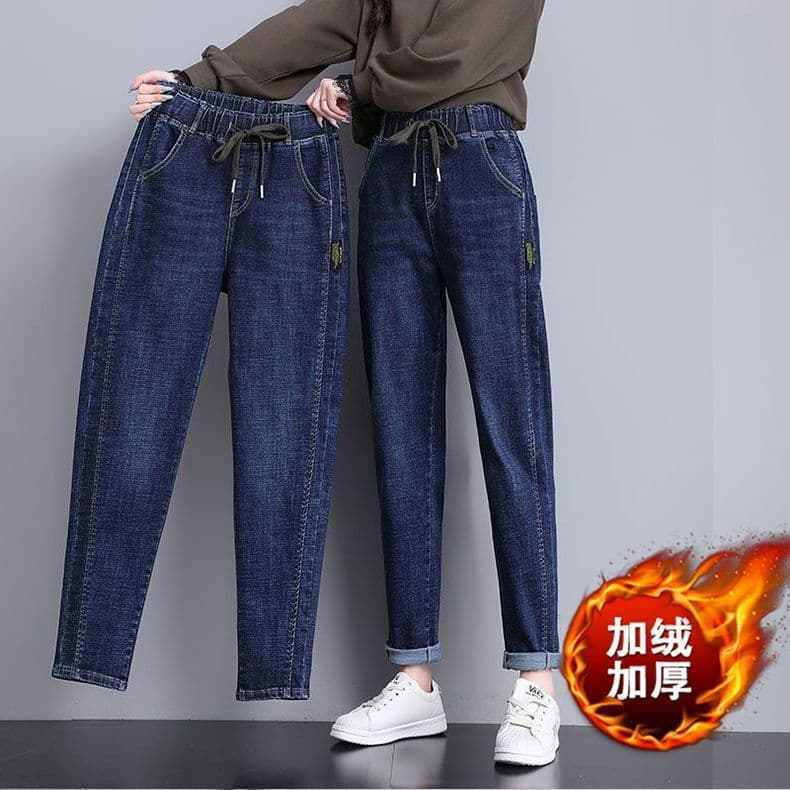 Cintura elástica mais veludo engrossado Jeans feminino em linha reta solta cintura alta mais magro olhar tamanho grande