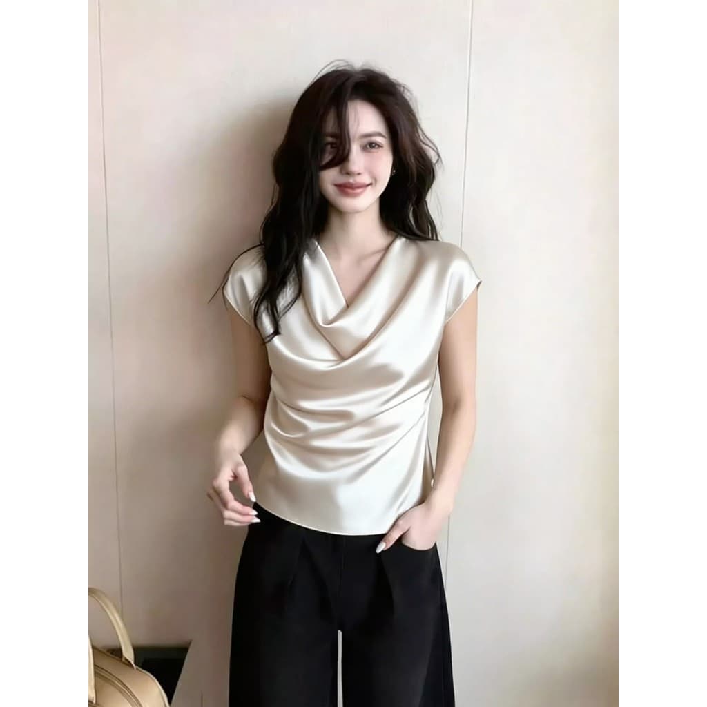 Bege gola oscilante cetim camiseta feminina 2026 verão novo estilo estilo suave cintura estreita pequena camisa pequeno