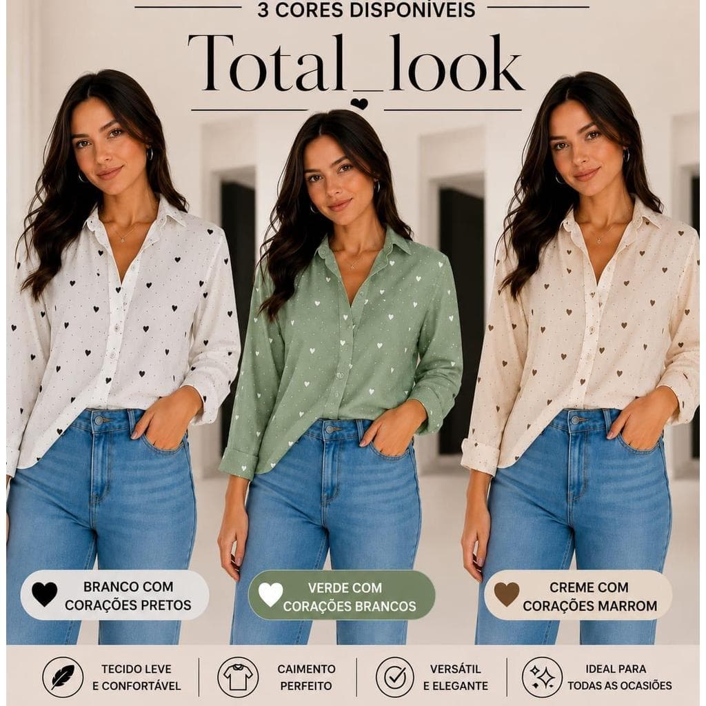 Camisa Social Femenina manga longa, com Estampa de Coração Tendencia 2026,,,,,,