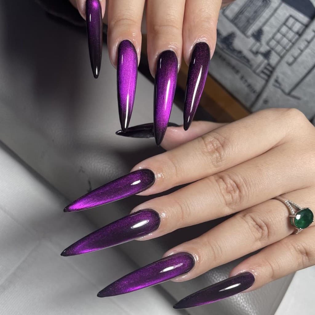 Unhas longas vestíveis roxo piscando olho de gato simples destacável unhas falsas peças de Manicure