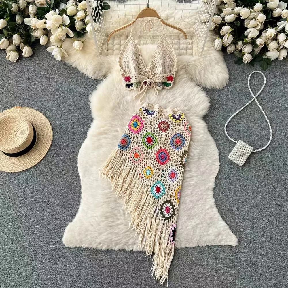 Tops de malha com franjas para mulheres, biquíni de crochê, moda praia, saia vazada