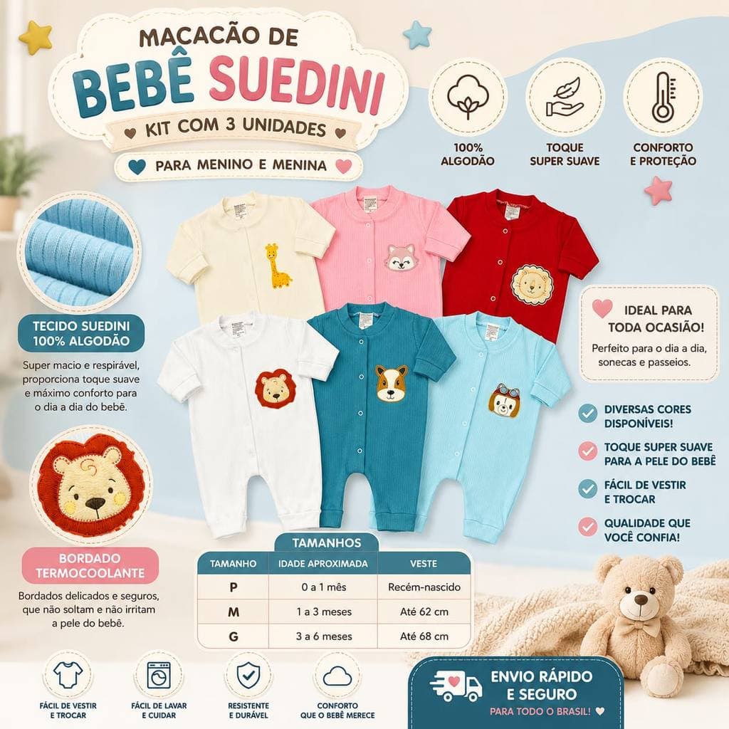 Kit C/3 -  Macacão De Bebê 100% Algodão Suedine Falha de Agulha Estampado Menino e Menina