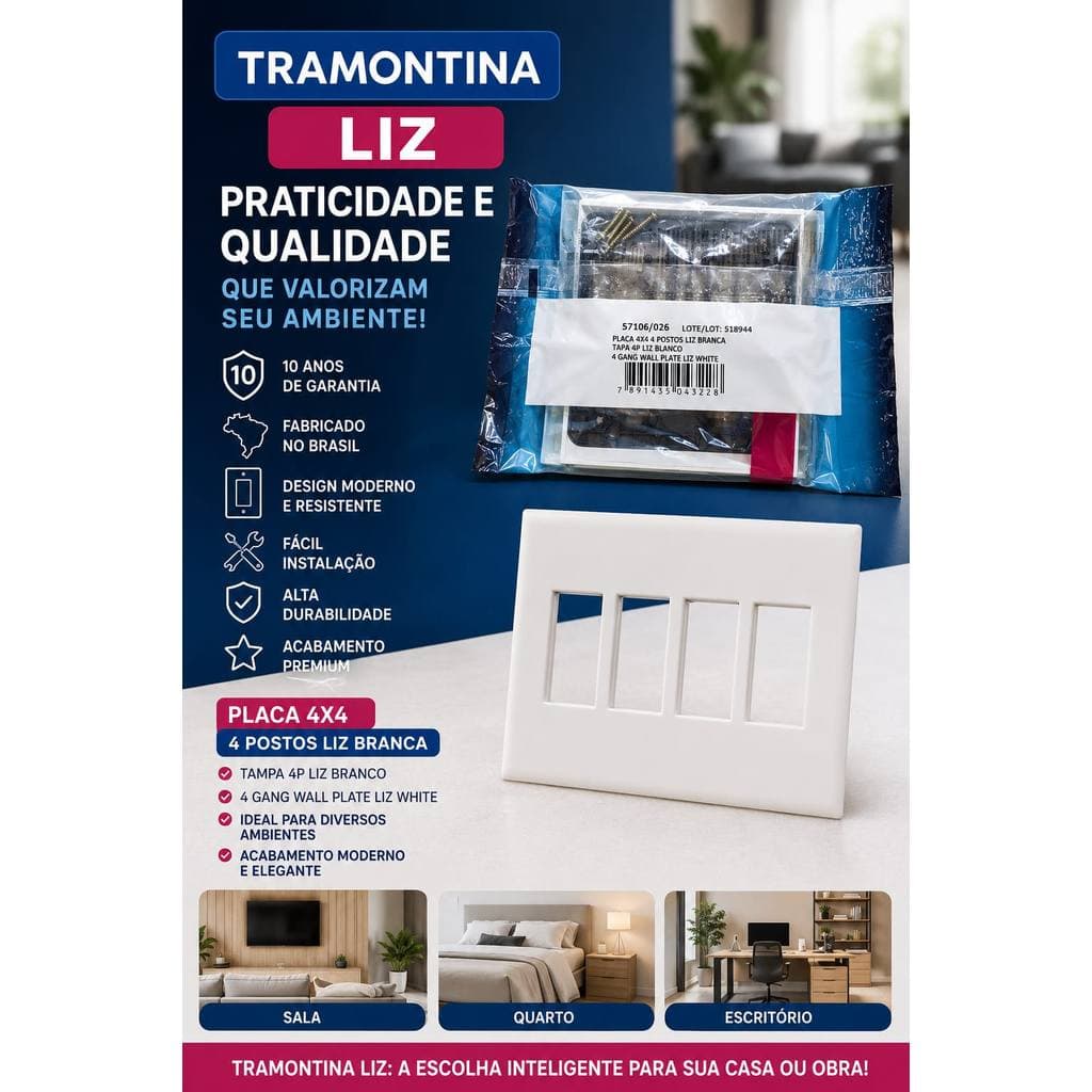 Placa 4x4 4 Postos Branco Tramontina Liz