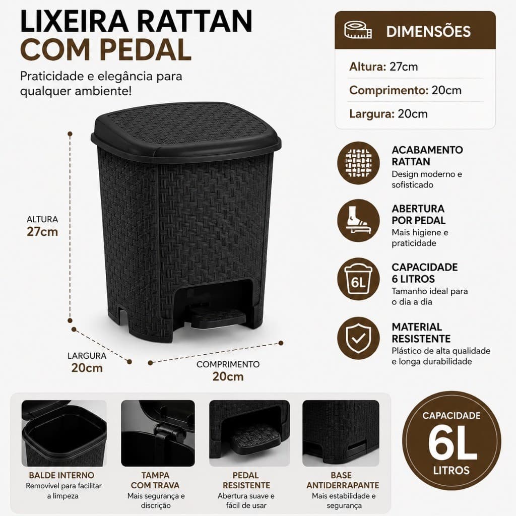 Lixeira Cesto 6L Rattan Preta Com Pedal Perfeita para Escritório Cozinha Quarto Banheiro