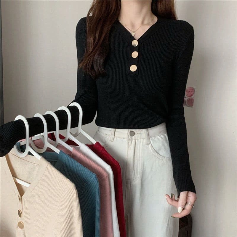 Outono inverno novo estilo Base interna malhas feminino preguiçoso com decote em V camisola preta moda magro-ajuste long