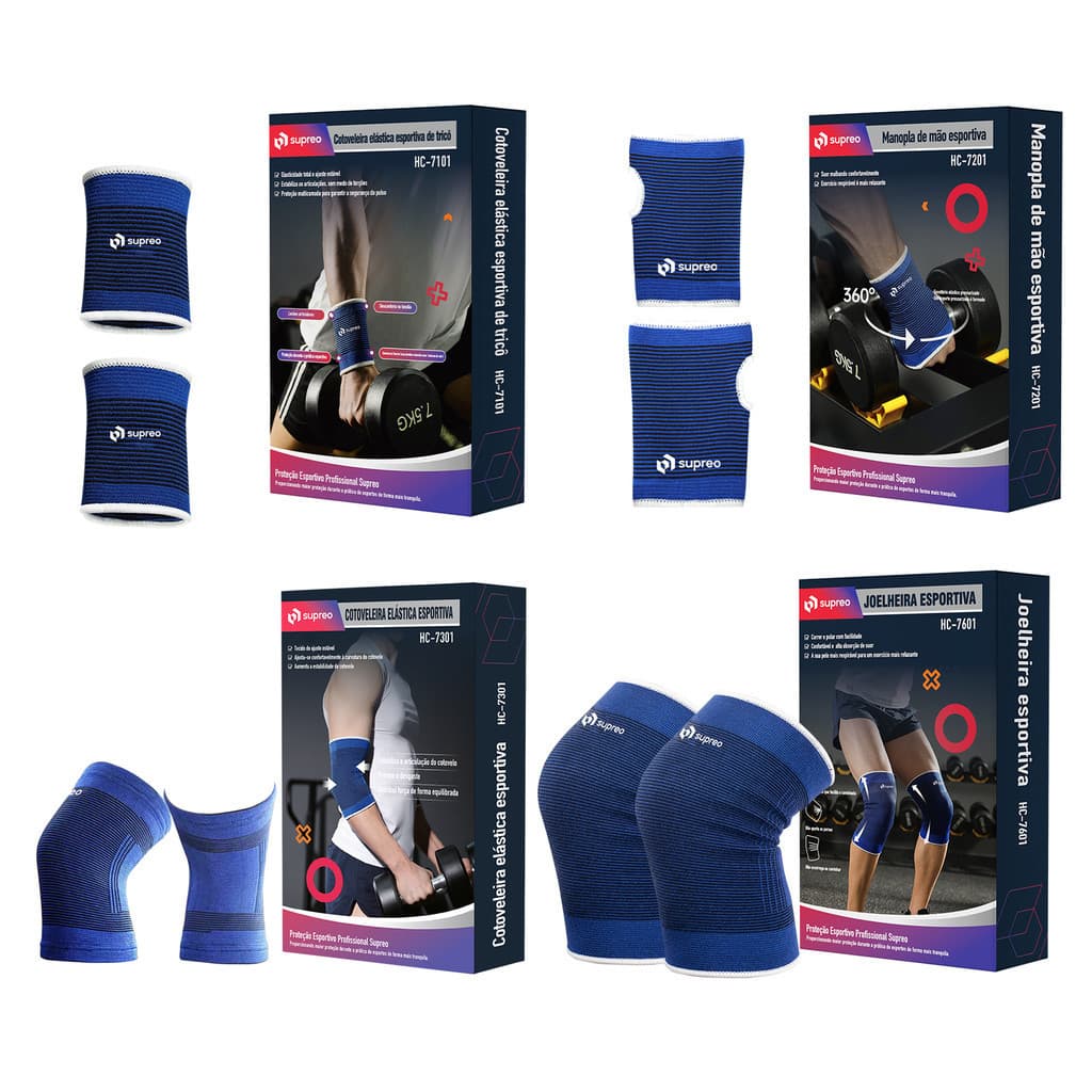 Kit Joelheira Cotoveleira Munhequeira Luva compressão ortopédica academia crossfit musculação futsal