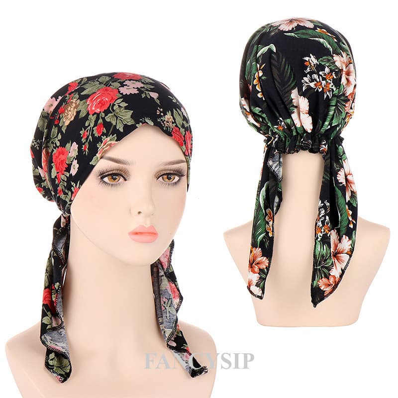 Feminino Novo Algodão Elástico Cachecol Turbante Boné Senhoras Impressão Plissado Câncer Quimio Chapéu Gorro Cabeça Envo
