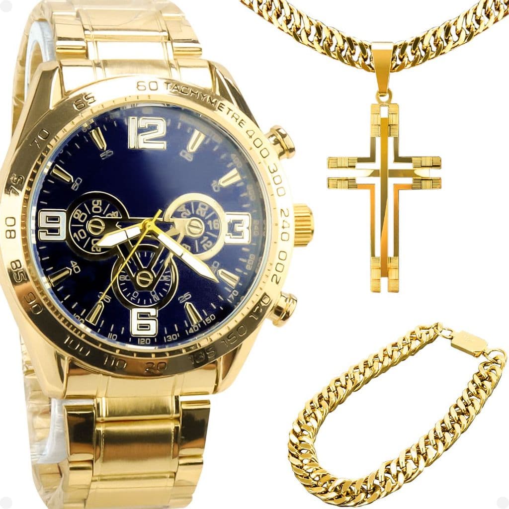 Relogio masculino aço banhado ouro + pulseira azul robusto