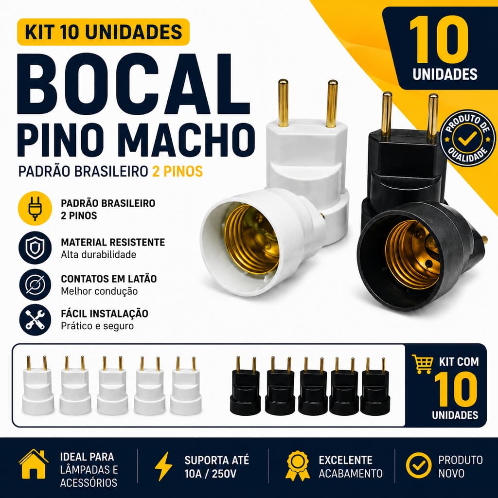 Kit 10 Bocal Soquete E27 Pino Macho Plug Tomada Adaptador