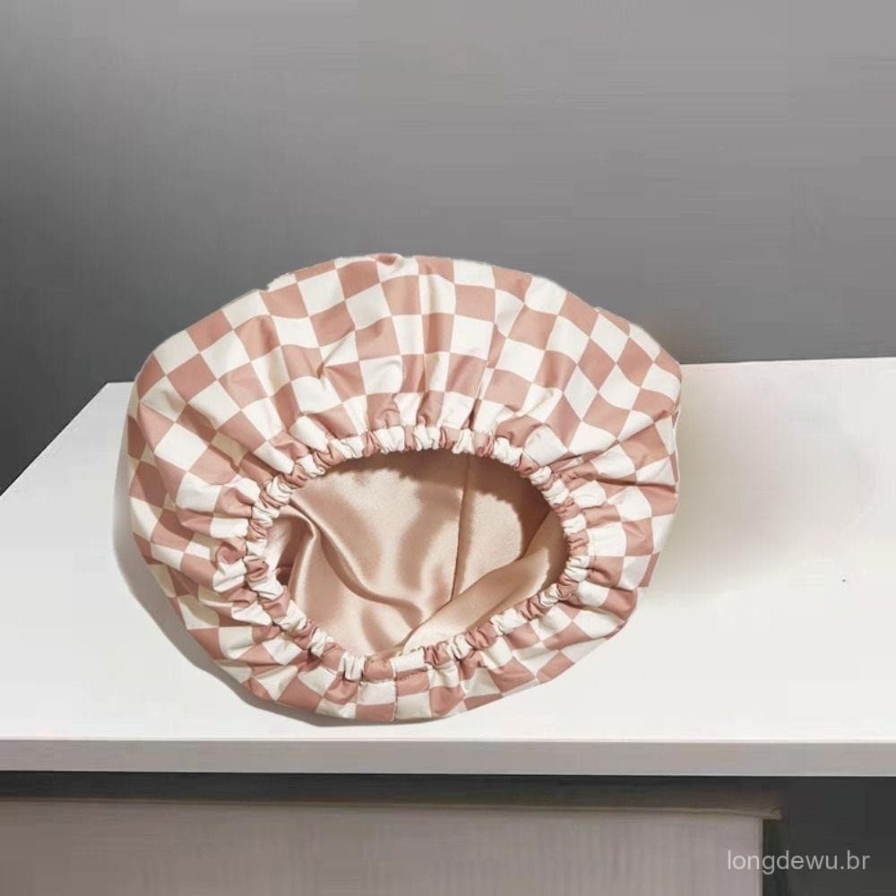 Touca De Banho Xadrez Impermeável – Cuidados Com Os Cabelos De Camada Dupla Para Mulheres , Itens Essenciais Banheiro