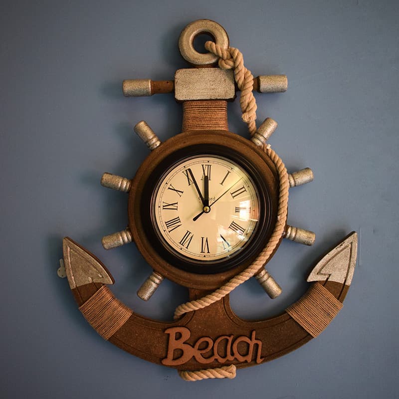 [Estoque pronto] Estilo mediterrâneo Retro angustiado âncora relógio de parede decoração pingente leme de madeira criati