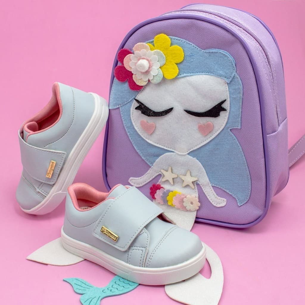 Kit Infantil Menina Tênis Mochila Moda Lançamento Confortável Estilosa Sereia Delicada Promoção