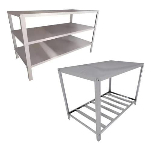 Kit 1 Mesa de Aço Inox Paneleira 120cm + 1 Mesa Tripla De Aço Inox 93cm (3 Prateleiras) Reforçada