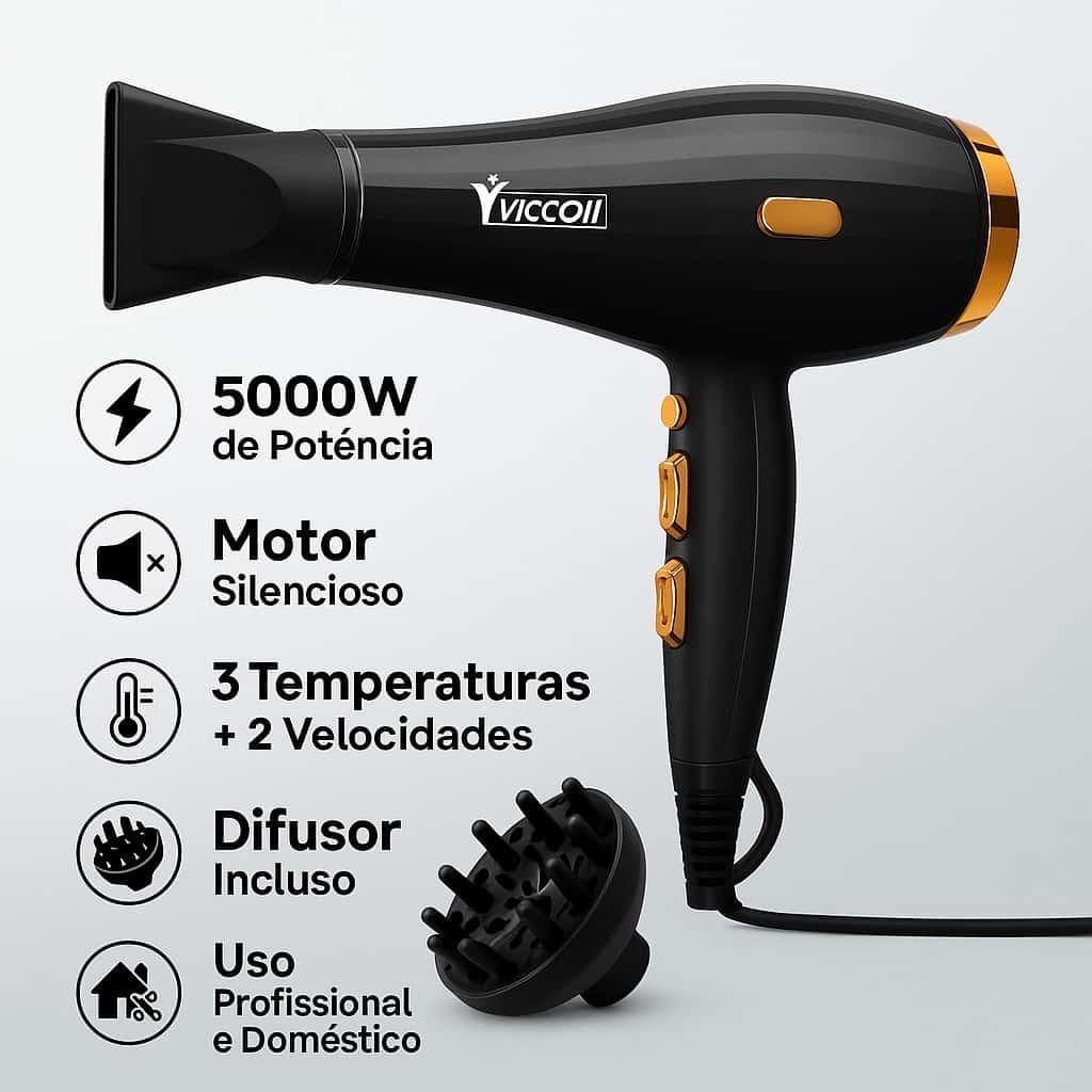 Secador de Cabelo Profissional 5000W com Difusor – Potente e Silencioso 110V/220V