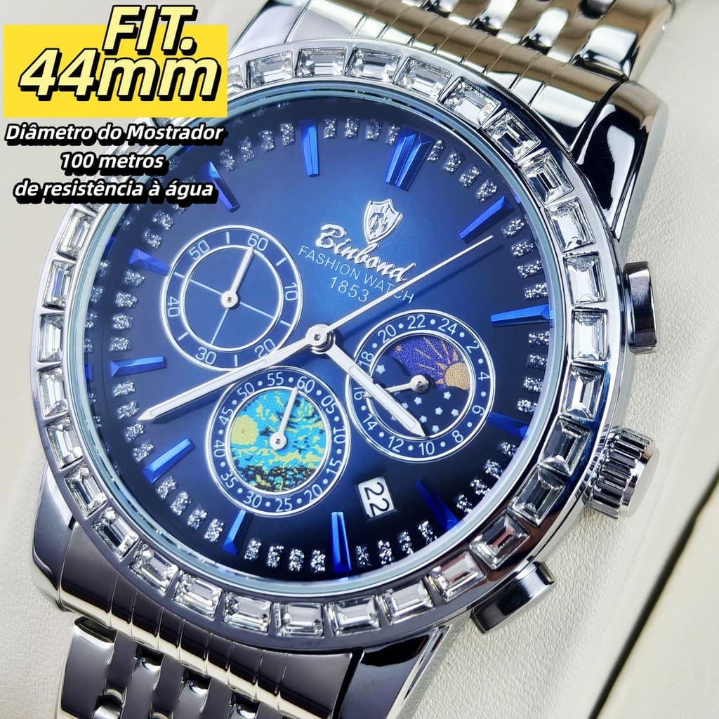 【Marca de Luxo】Alta Qualidade BINBOND Mostrador Grande Prova D'água Casual Elegante 8632 2202