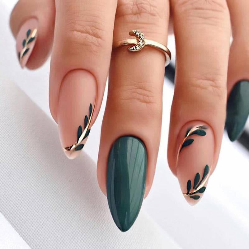 [Com Adesivo de Cola] Unhas Postiças de Amêndoa com Folhas Verdes 24pcs Unhas Falsas Médias Foscas Reutilizáveis