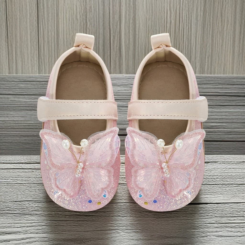 Bebê Menina Brilhante 3D Borboleta Princesa Mary Jane Apartamentos Sapatos De Berço Antiderrapantes