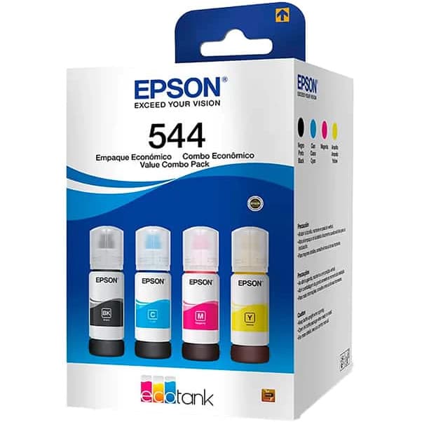 Kit com 4 Garrafas de Tinta Epson 544 Original, Preto, Ciano, Magenta, Amarelo
