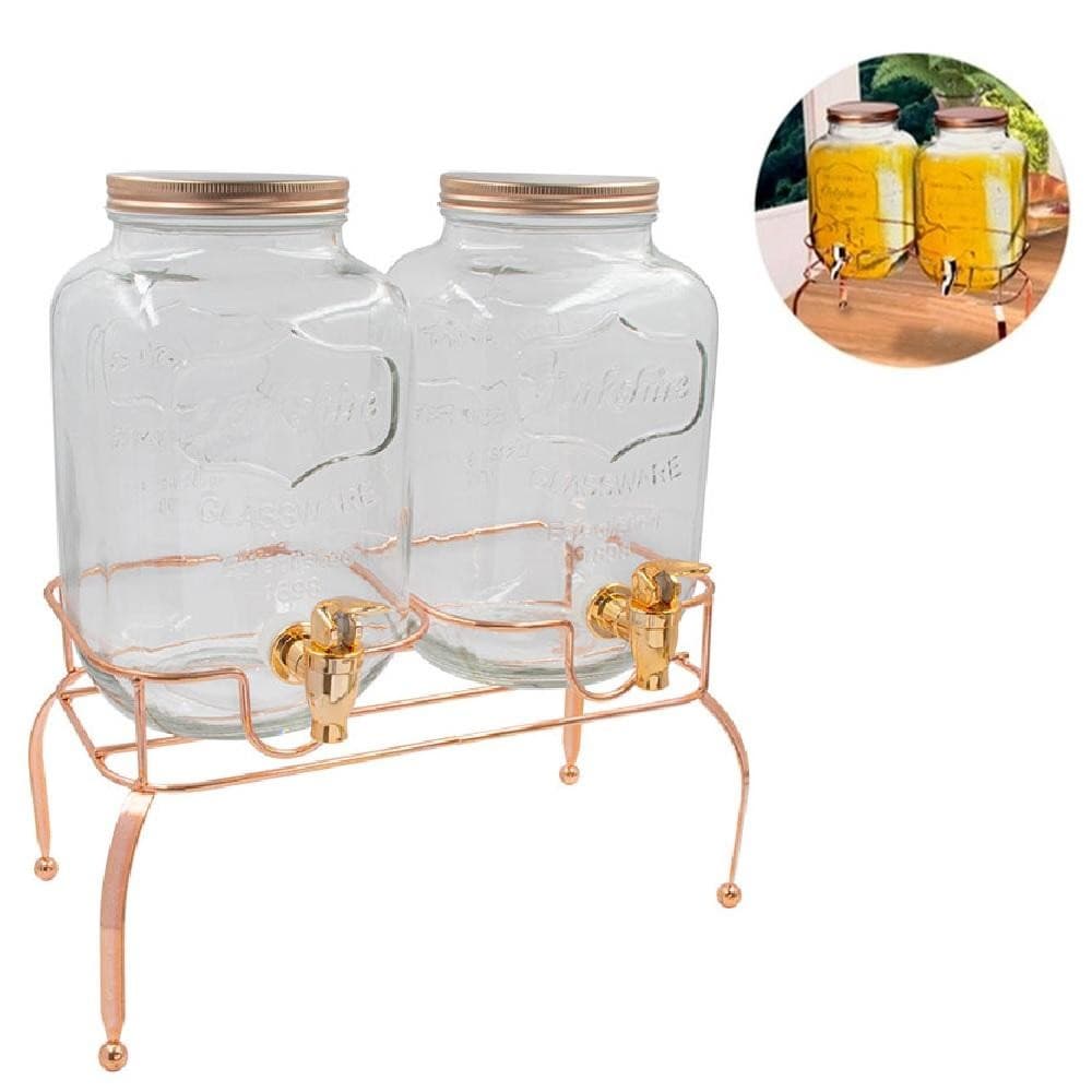 Suqueira Dupla Rose Gold 4 Litros Com Suporte Dispenser Água Suco Festa Casamento Premium Luxo