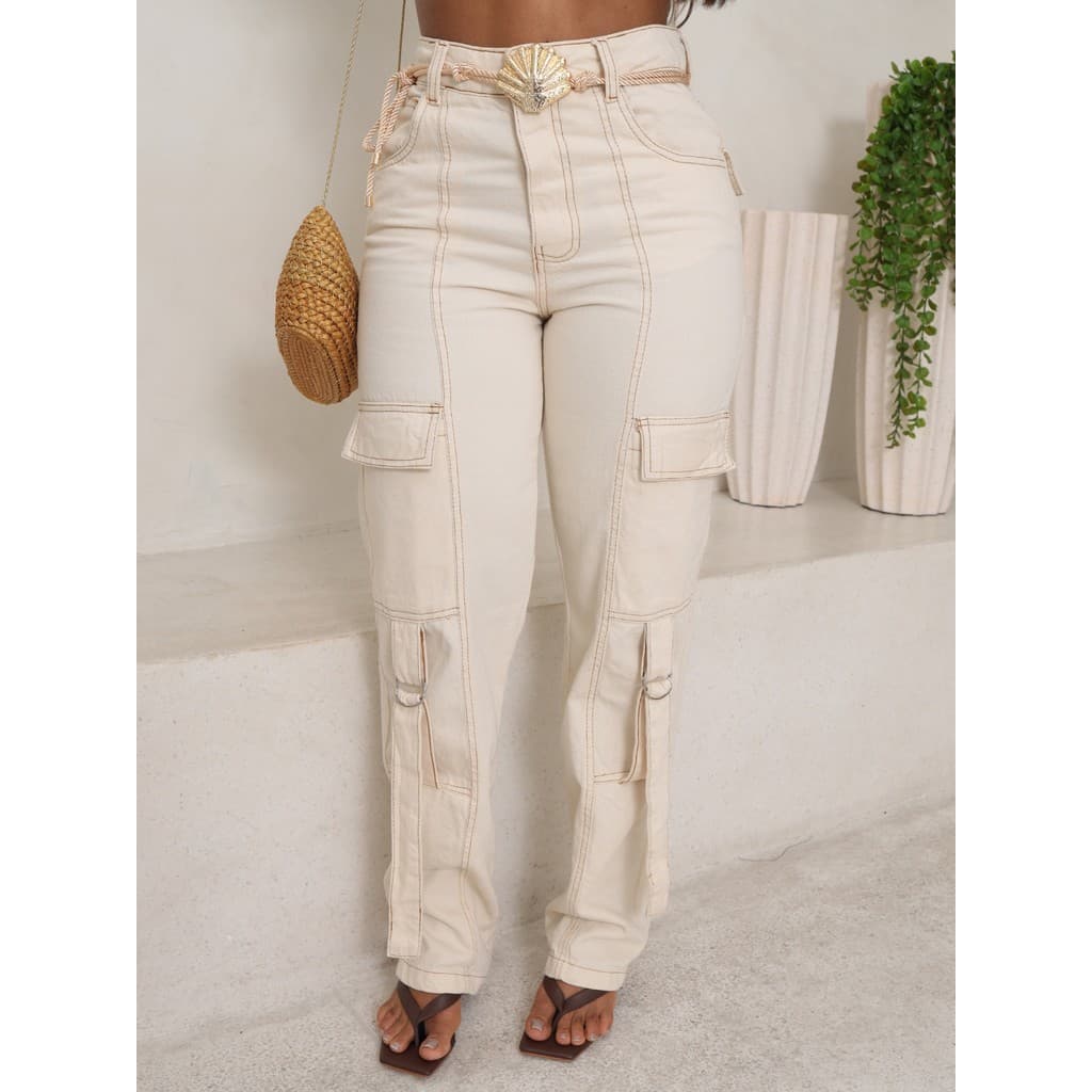 Calça Cargo Feminina Sarja Bolso Com Fivela 100% Algodão