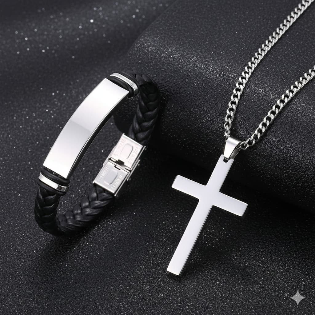 KIT Colar Cruz Aço Inox + Pulseira Couro Masculina Elegante